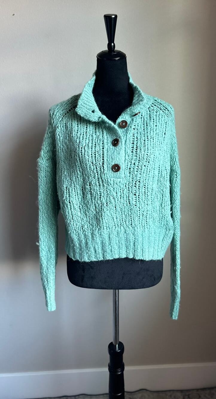 EVERLANE Aqua Green Lofty Knit Henley Sweater Size M